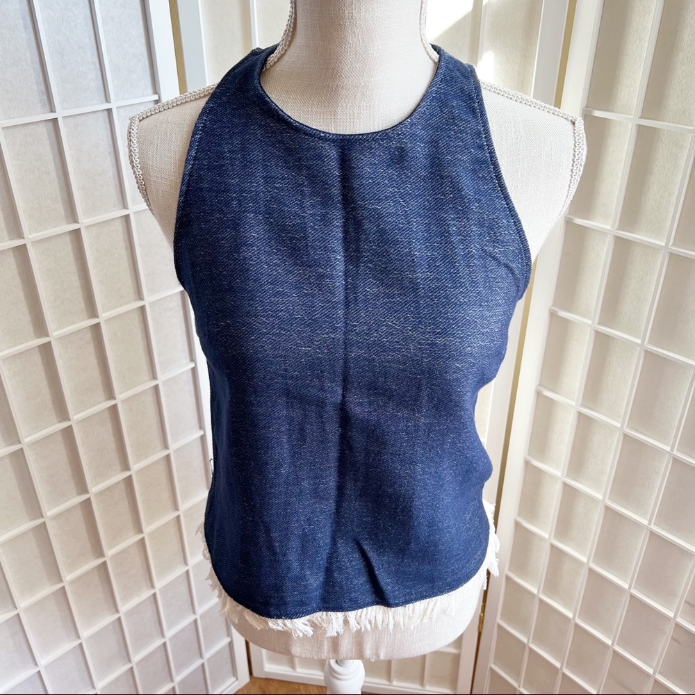 NWOT DREW Sleeveless Chambray Cream Fringe Hem Tank Top Blouse XS